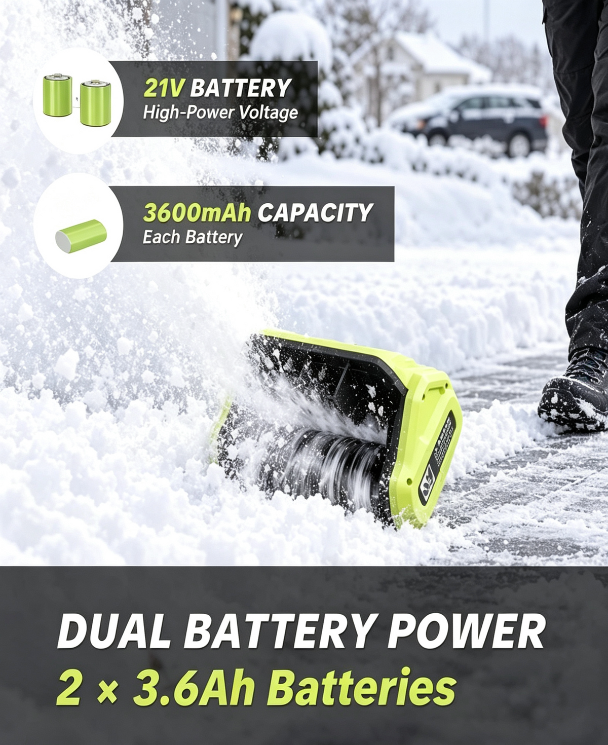 21V Cordless Electric Snow Shovel with 2 Batteries